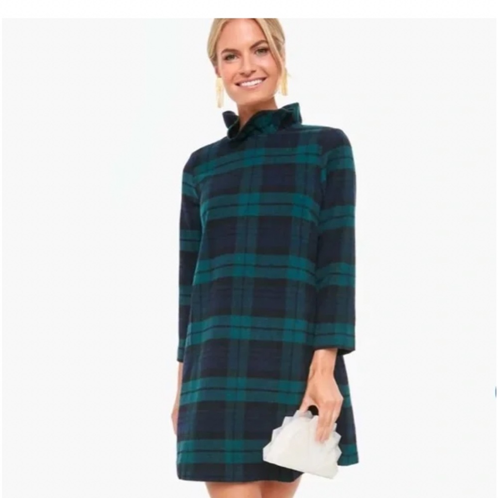 Tuckernuck Womens Green & Navy Plaid Long Sleeve Tie-Neck Dress sz s